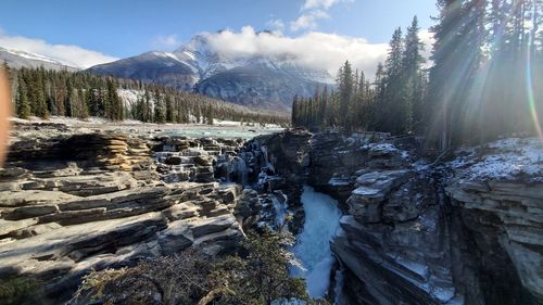 Scenic view of waterfall against sky