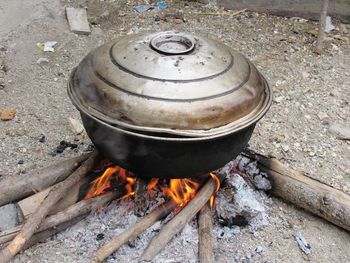 High angle view of barbecue grill