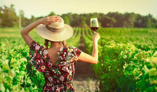 Asian woman drinking red wine at vineyard during her vacation, vintage style 