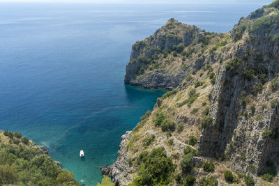 High angle view of sea and rocks