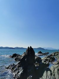 Rock formations in sea against clear blue sky