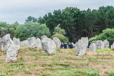 Panoramic view of cemetery on field against sky