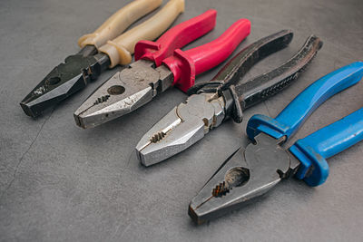 High angle view of work tools on table