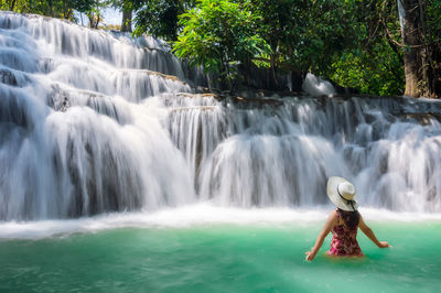 View of waterfall against trees