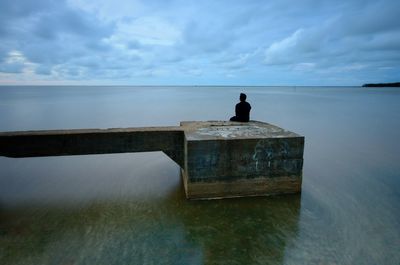 Rear view of man looking at sea against sky