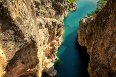 High angle view of rock formations in water