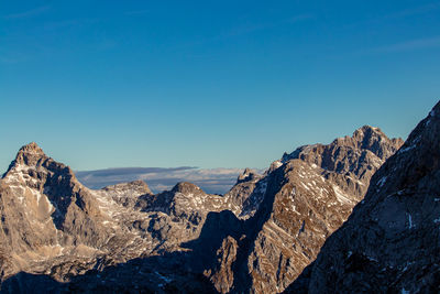 Panoramic view of snowcapped mountains against clear blue sky