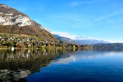 Scenic view of lake against blue sky