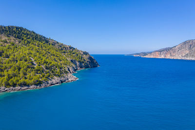 Scenic view of sea against clear blue sky