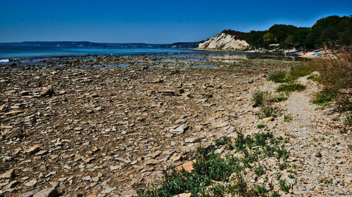 Scenic view of sea against clear blue sky