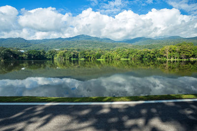Scenic view of lake by trees against sky