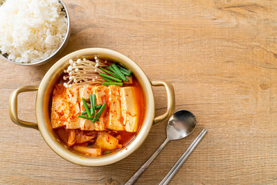 High angle view of food in bowl on table