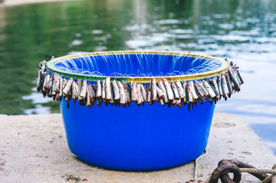 Fishing hooks with dead fish in blue container by lake