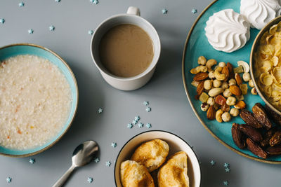 High angle view of breakfast on table