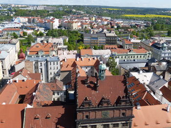 High angle view of buildings in city