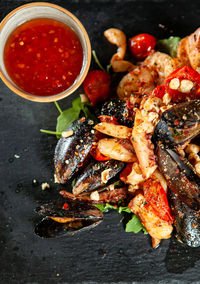 High angle view of food on table