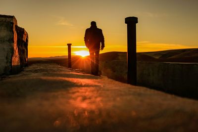 Rear view of man standing at sunset