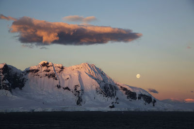 Scenic view of snowcapped mountain by lake against sky at dawn