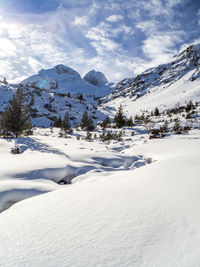 Scenic view of snow covered mountains against sky
