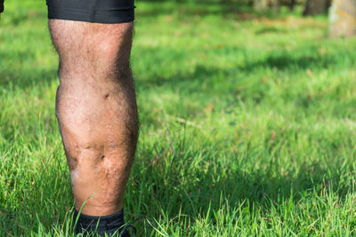 Low section of man standing on grass