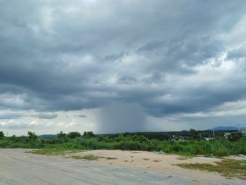 Scenic view of field against cloudy sky