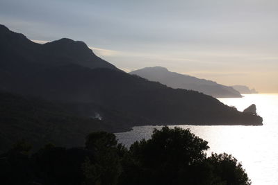 Scenic view of silhouette mountains against sky