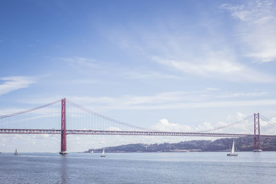 The 25 april bridge or ponte 25 abril in lisbon, portugal. first suspension bridge over tagus river