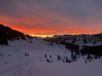 Scenic view of snow covered mountains against sky during sunset