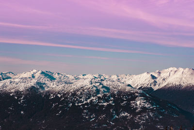 Scenic view of snowcapped mountains against sky during sunset