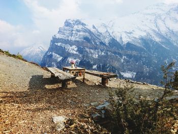 Scenic view of snowcapped mountains against sky