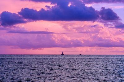 Scenic view of sea against cloudy sky during sunset