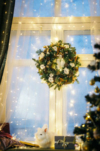 View of illuminated christmas tree by building