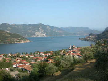 High angle view of town by sea