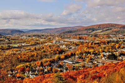 Scenic view overlooking town during autumn