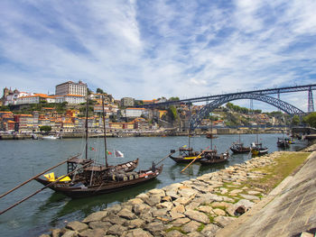 Rabelo boats moored on the douro river in porto, portugal