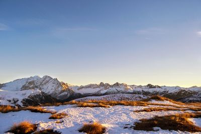 Scenic view of mountains against sky during winter