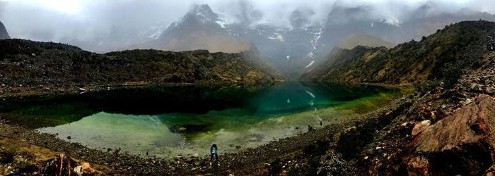 Panoramic view of lake and mountains against sky