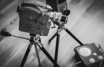 High angle view of vintage cameras on table