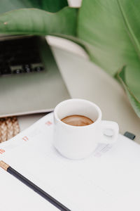 High angle view of coffee cup on table