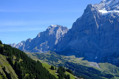 Panoramic view of snowcapped mountains against blue sky