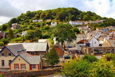 High angle view of trees and houses against sky