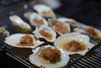 High angle view of food on barbecue grill