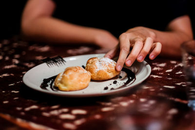 High angle view of breakfast in plate on table