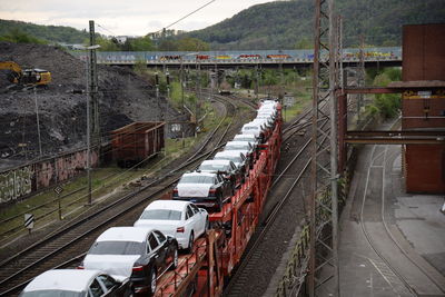 High angle view of train in city