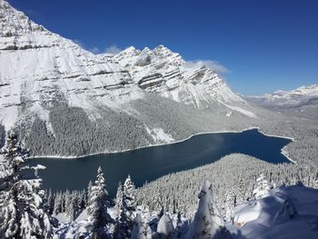 View of peyto lake on a clear snow day