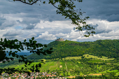 High angle view of trees on landscape against sky