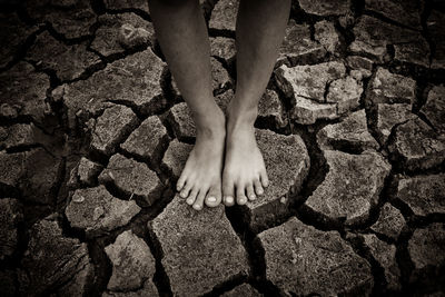 Low section of person standing on cracked land