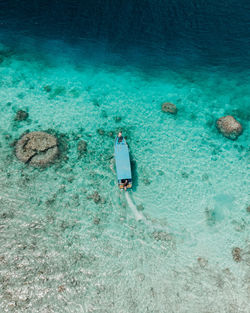 High angle view of man surfing in sea