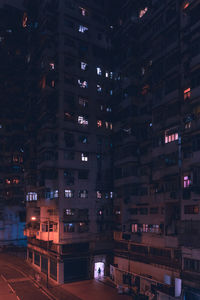 High angle view of illuminated buildings at night