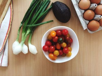 High angle view of fruits in bowl on table